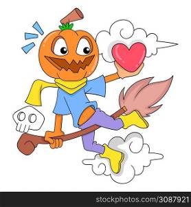 halloween party pumpkin headed witch is flying with love heart