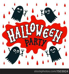 Halloween party text banner. handwritten letters of bones on blood stain. Happy halloween inscription on white background with red blood drops and ghosts silhouette. Cartoon Vector illustration.. Halloween party text banner. handwritten letters of bones on blood stain. Happy halloween inscription on white background with red blood drops and ghosts silhouette. Cartoon Vector illustration