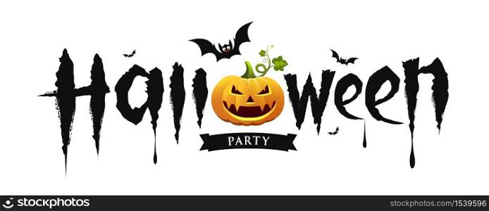 Halloween party text design with pumpkin and bat isolated on white background, vector illustration