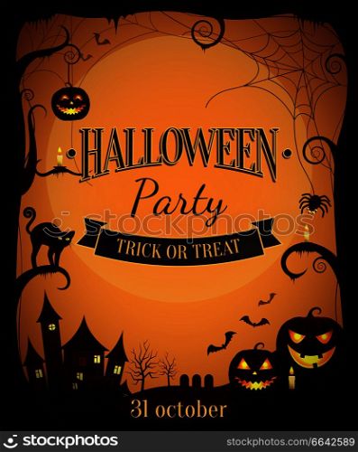 Halloween party trick or treat promotional poster with spooky pumpkins, spider and web, black cat and old house vector illustration.. Halloween Party Trick or Treat Promotional Poster