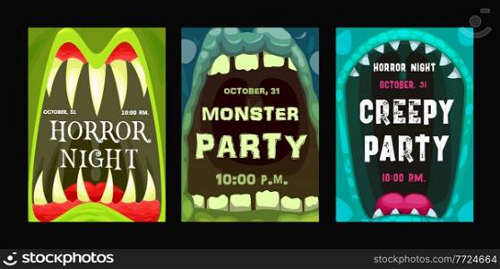 Halloween party vector flyers with monster mouth, cartoon invitation posters with open zombie or alien toothy jaws with sharp teeth and tongues. Happy Halloween horror night event invite cards set. Halloween party vector flyers with monster mouth
