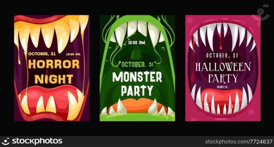 Halloween party vector flyers with monster mouths. Cartoon invitation posters with open toothy jaws with sharp teeth, dripping saliva and tongues. Happy Halloween horror night event invite cards set. Halloween party vector flyers with monster mouths