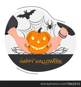 Halloween party. Vector illustration inscription Happy Halloween, spider web, bat, spider. Jack O&rsquo;Lantern. Hands of woman in witch costume holding pumpkin. Celebrating. Festive background