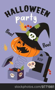 Halloween party. Vector illustration, invitation. A funny and scary pumpkin jumped out of the box.. Happy Halloween vector poster, banner, invitation with orange scary and funny pumpkins.