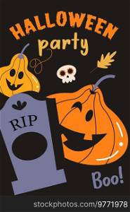 Halloween party. Vector illustration, invitation, template. Funny and scary pumpkins.. Happy Halloween vector poster, banner, invitation with orange scary and funny pumpkins.