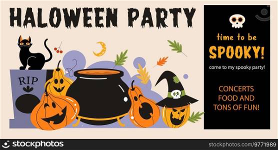 Halloween party. Vector illustration, invitation, template. Funny and scary pumpkins.. Happy Halloween vector poster, banner, invitation with orange scary and funny pumpkins.