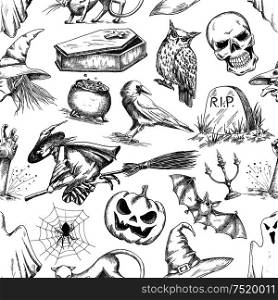 Halloween pattern of doodle sketch symbols and characters for halloween holiday celebration design. Elements of witch, pumpkin, owl, coffin, cauldron, bat for greeting background. Halloween party symbols pencil sketch pattern