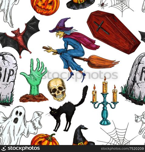 Halloween pattern. Vector seamless pattern of color sketch pumpkin lantern, coffin, witch on broom, skull, zombie hand, tomb, candle, spooky ghost, spider web. Traditional halloween cartoon elements on white background. Halloween seamless pattern of sketch symbols