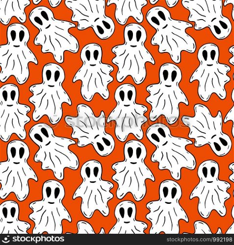 Halloween pattern with funny ghosts pattern. Seamless spooky background in cartoon style. Wrapping or textile design. Ornage halloween pattern. Halloween pattern with funny ghosts pattern. Seamless spooky background in cartoon style. Wrapping or textile design. Ornage halloween pattern.