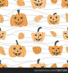 Halloween pattern with pumpkin heads and leaves. Background with funny faces for the autumn holiday. Leaves, pumpkins and spider template for wallpaper, packaging, fabric and substrate, vector illustration.. Halloween pattern with pumpkin heads and leaves.