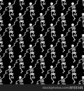 Halloween pattern with skeletons, vigorously dancing and having fun on a black background.. Seamless pattern with black skeletons