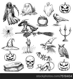 Halloween pencil sketch decorative icons. Vector isolated design elements of witch in hat flying on besom, frightening pumpkin, death with scythe, tomb stone, bedsheet ghost, coffin, evil skull with scary smile. Halloween party sketch decorative icons