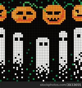 Halloween pixel seamless pattern, illustration of a scoreboard composition with digital graphic drawings of pumpkins and ghosts