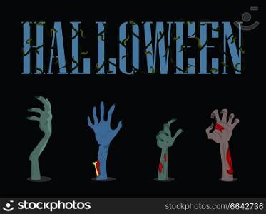 Halloween placard with title decorated with plant and hands of zombies with creepy nails and bones vector illustration isolated on black. Halloween Placard and Hands Vector Illustration