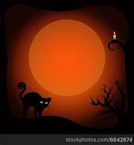 Halloween postcard template with leafless trees, glowing candle and scared cat. Vector illustration with yellow moon on background. Halloween Postcard Template Vector Illustration