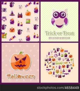 Halloween Postcards. Set Banners. Illustration Halloween Postcards. Set Banners. Party Invitations with Flat Icons. Trick or Treat - Vector