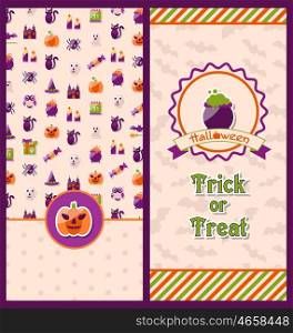 Halloween Postcards. Vertical Banners. Illustration Halloween Postcards. Vertical Banners. Party Invitations with Flat Icons. Trick or Treat - Vector
