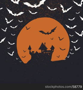 Halloween poster background. Castle, bats and moon. Isolated to black