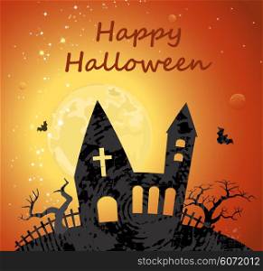 Halloween poster with cemetery haunted house, bats and full moon. Vector illustration.