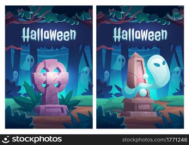 Halloween poster with ghosts on old cemetery. Night landscape with graveyard, memorial tombstones and flying dead people souls. Vector cartoon spooky illustrations for Halloween flyer or card. Halloween poster with ghosts on old cemetery
