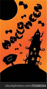 Halloween poster with sign, mystery house, bats and moon. Empty space for your text