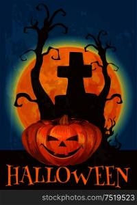 Halloween poster with traditional scary pumpkin lantern with candles. Midnight full moon with silhouette of tree and tomb grravestone with cross on cemetery graveyard. Vector template for Halloween invitation and greeting card. Halloween poster with traditional pumpkin lantern