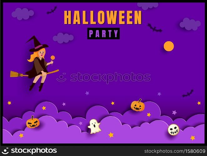Halloween poster with witch on purple background