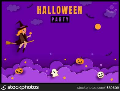 Halloween poster with witch on purple background