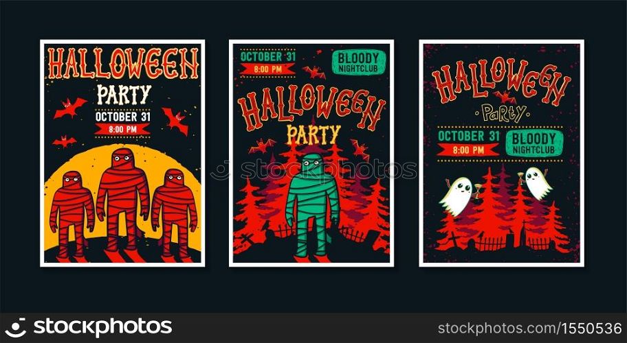 Halloween posters. Set of party invatation Halloween posters. Cool posters with handwritten calligraphy, funny monsters and place for information. Grunge style vector illustration