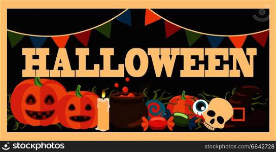 Halloween promotional poster including images of pumpkin, candle and candies, skull and witch hat on vector illustration isolated on dark. Halloween Promotional Poster Vector Illustration