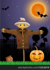 halloween pumpkin and scarecrow in the night sky vector illustration