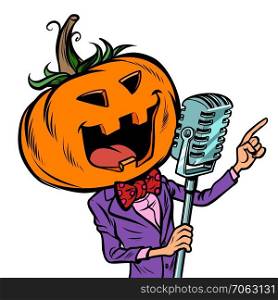 Halloween pumpkin character singer. Holiday party. Isolate on white background. Comic cartoon pop art retro vector illustration. Halloween pumpkin character singer. Isolate on white background