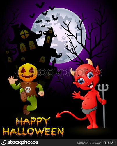 Halloween pumpkin costumes with a devil on haunted castle background