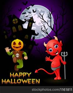 Halloween pumpkin costumes with a devil on haunted castle background
