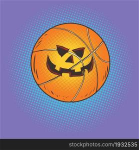 halloween pumpkin face basketball, sports item. comic cartoon illustration vintage hand drawing. halloween pumpkin face basketball, sports item comic cartoon illustration