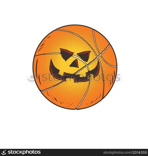 halloween pumpkin face basketball, sports item. comic cartoon illustration vintage hand drawing. halloween pumpkin face basketball, sports item