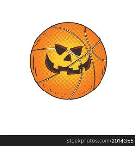 halloween pumpkin face basketball, sports item. comic cartoon illustration vintage hand drawing. halloween pumpkin face basketball, sports item