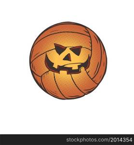 halloween pumpkin face volleyball ball, sports item. comic cartoon illustration vintage hand drawing. halloween pumpkin face volleyball ball, sports item