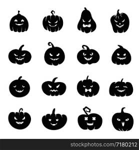 Halloween pumpkin faces. Scary pumpkins bloody with evil smile and eyes. Pumpkin black silhouette to halloween holiday illustration. Halloween pumpkin faces. Scary pumpkins bloody with evil smile and eyes