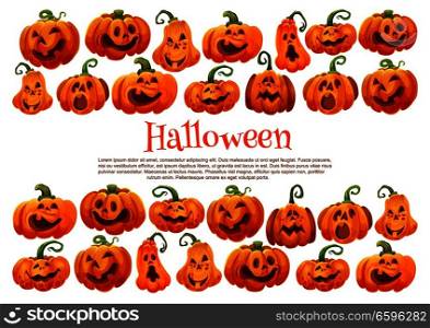 Halloween pumpkin festive banner with scary face and smile. Halloween orange vegetable lantern for autumn holiday greeting card or horror night party invitation design. Halloween holiday pumpkin lantern festive banner
