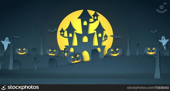 Halloween pumpkin head, castle, graveyard, bat, ghost and bright moon, paper art style