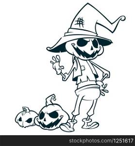 Halloween pumpkin head scarecrow outlines, vector postcard for Halloween holiday