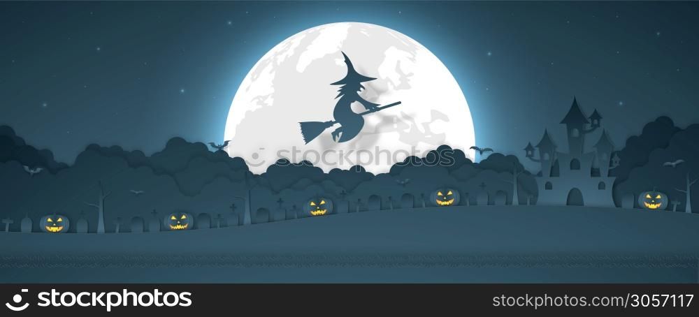 Halloween pumpkin head, witch flying above cloud with castle, graveyard on the hill and full moon, paper art style