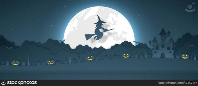 Halloween pumpkin head, witch flying above cloud with castle, graveyard on the hill and full moon, paper art style