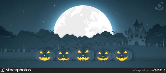 Halloween pumpkin head with castle, graveyard on the hill and full moon, paper art style