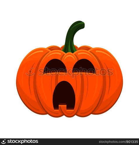 Halloween pumpkin isolated on white background. Cartoon orange pumpkin with smile, funny face. The main symbol of the Halloween, autumn holidays. Vector illustration for any design.