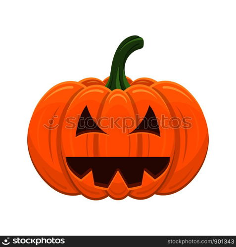 Halloween pumpkin isolated on white background. Cartoon orange pumpkin with smile, funny face. The main symbol of the Halloween, autumn holidays. Vector illustration for any design.