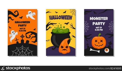 Halloween pumpkin party poster template. Cute happy banner or sale background, funny creepy pumpkins and ghosts, greeting card or flyer, horror frame. Vector cartoon flat style isolated illustration. Halloween pumpkin party poster template. Cute happy banner or sale background, funny creepy pumpkins and ghosts, greeting card or flyer, horror frame. Vector illustration