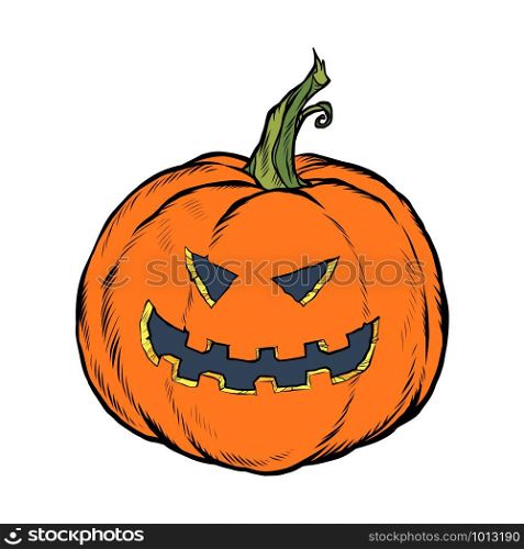 Halloween pumpkin. Scary face. Festive character. Pop art retro vector illustration kitsch vintage drawing. Halloween pumpkin. Scary face. Festive character