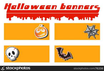 Halloween pumpkin, skull, cobweb and bat stickers with place for text. Scary and spooky happy halloween banner or header template. Vector illustration.. Halloween pumpkin, skull, cobweb and bat sticker